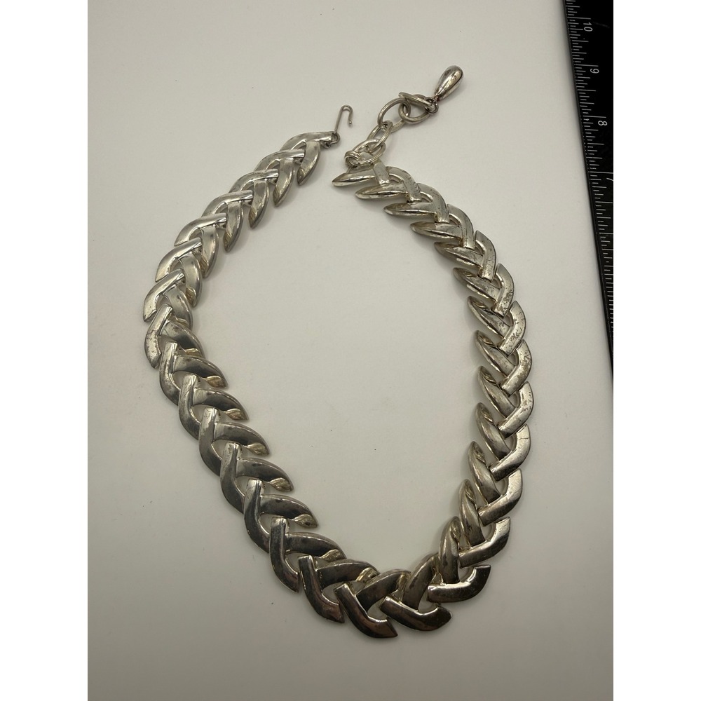 Vintage Silver Tone Woven Chevron Link Choker Necklace Adjustable J-Hook Clasp‎